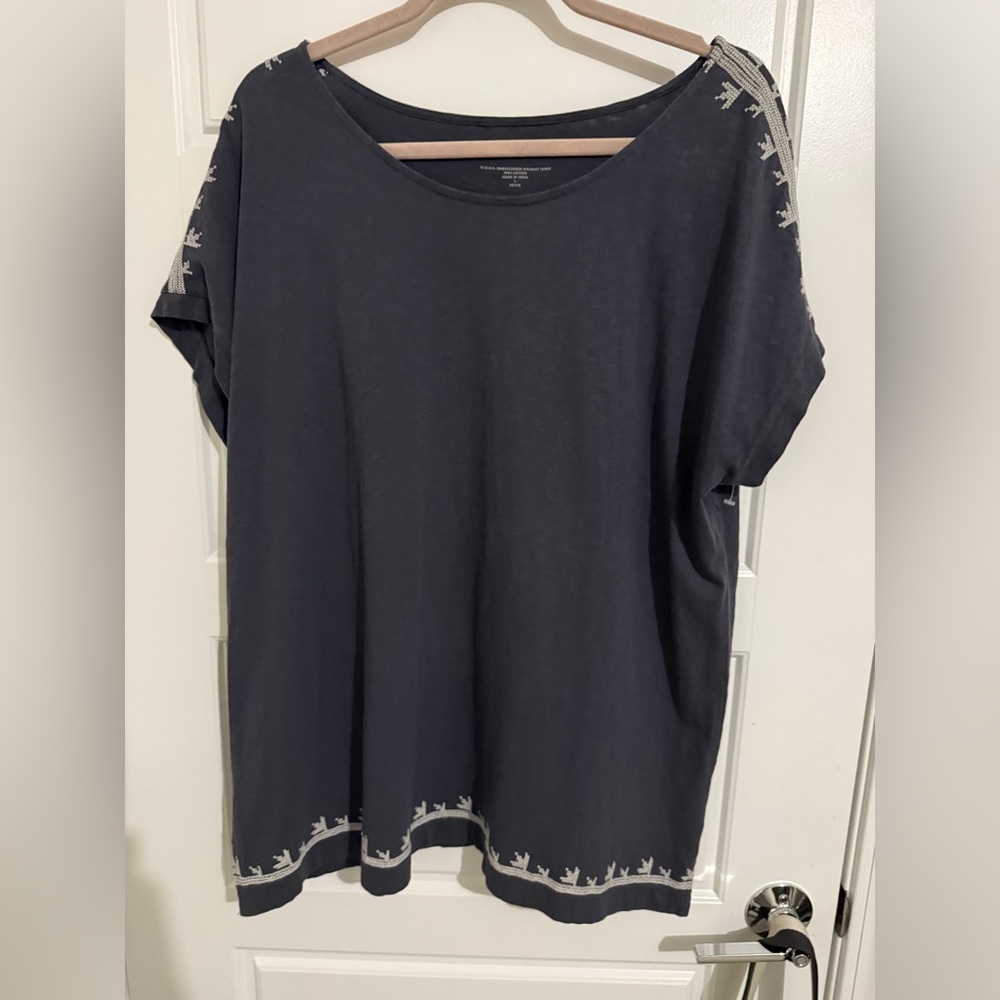 J Jill Women's Gray Boho Embroidered Cotton Scoop Neck T-shirt Relaxed Sz 0X